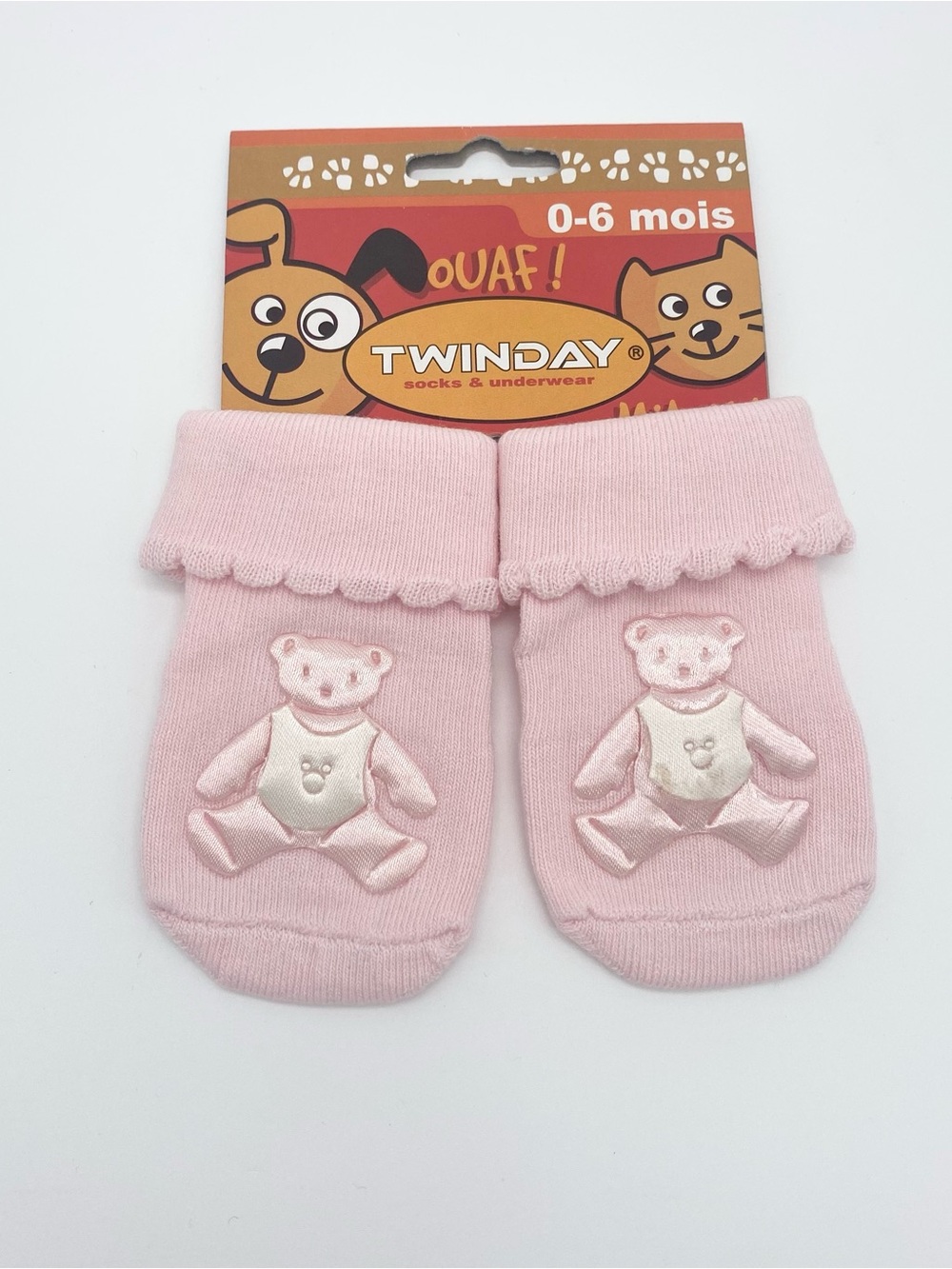 Twinday Pink Knit Baby Socks Teddy Bear Embroidered Stretch 0-6 Months